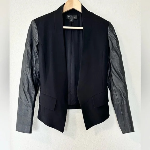 St. John Caviar Black Lamb Leather Open Front Blazer Jacket - Picture 7 of 16